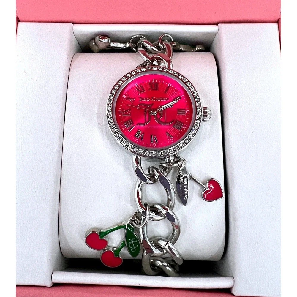 Juicy Couture Charm Bracelet Watch Pink Dial‎ Rhinestone Cherry Heart Gift Box